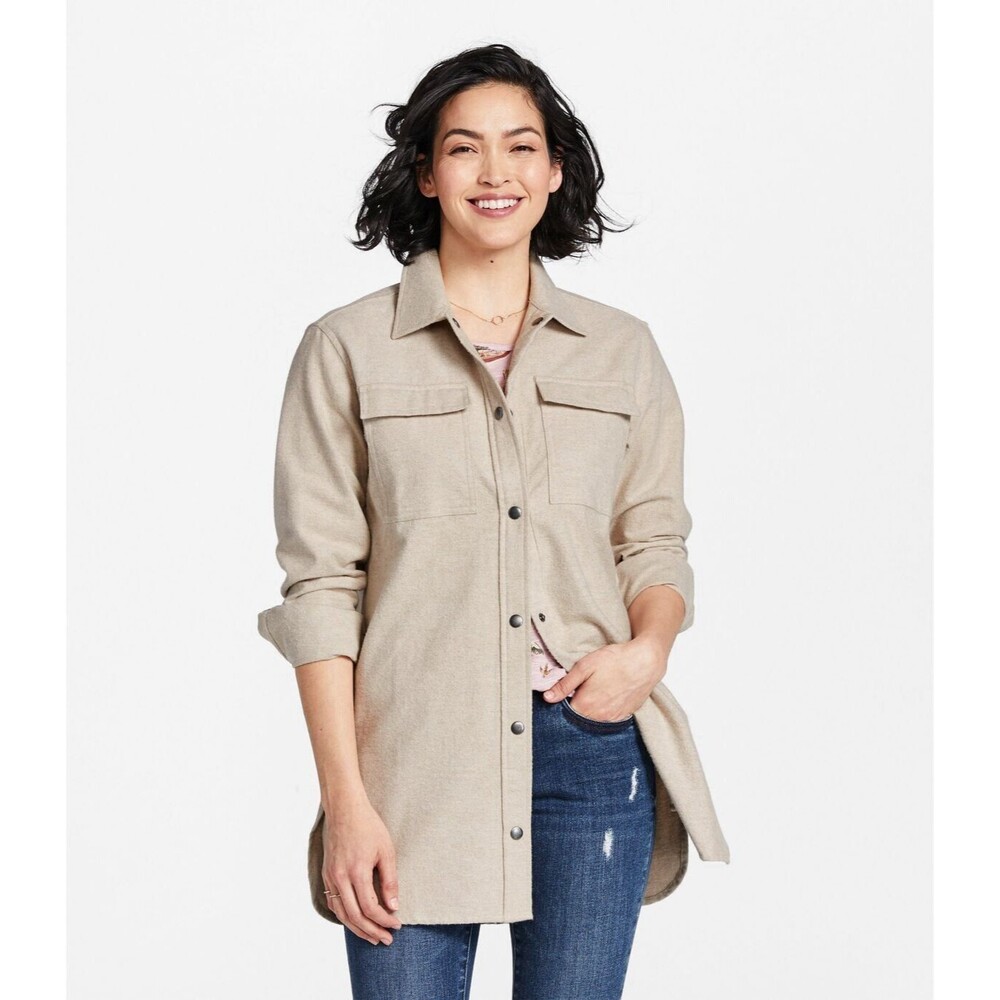 LL Bean Shirt Women's Medium Beige Flannel Button Up Outdoors Camp Y2k